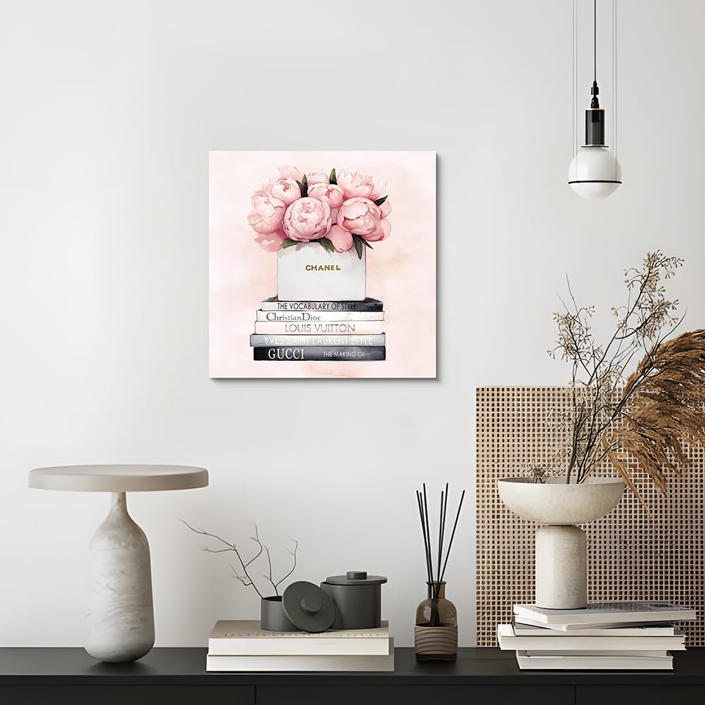 cozy country Chanel-Inspired Canvas Wall Art - 12x12 Inches Luxury Fashion Artwork Print, Featuring Perfume, Books & Flowers, Perfect for Bathroom & Women's Room Decor