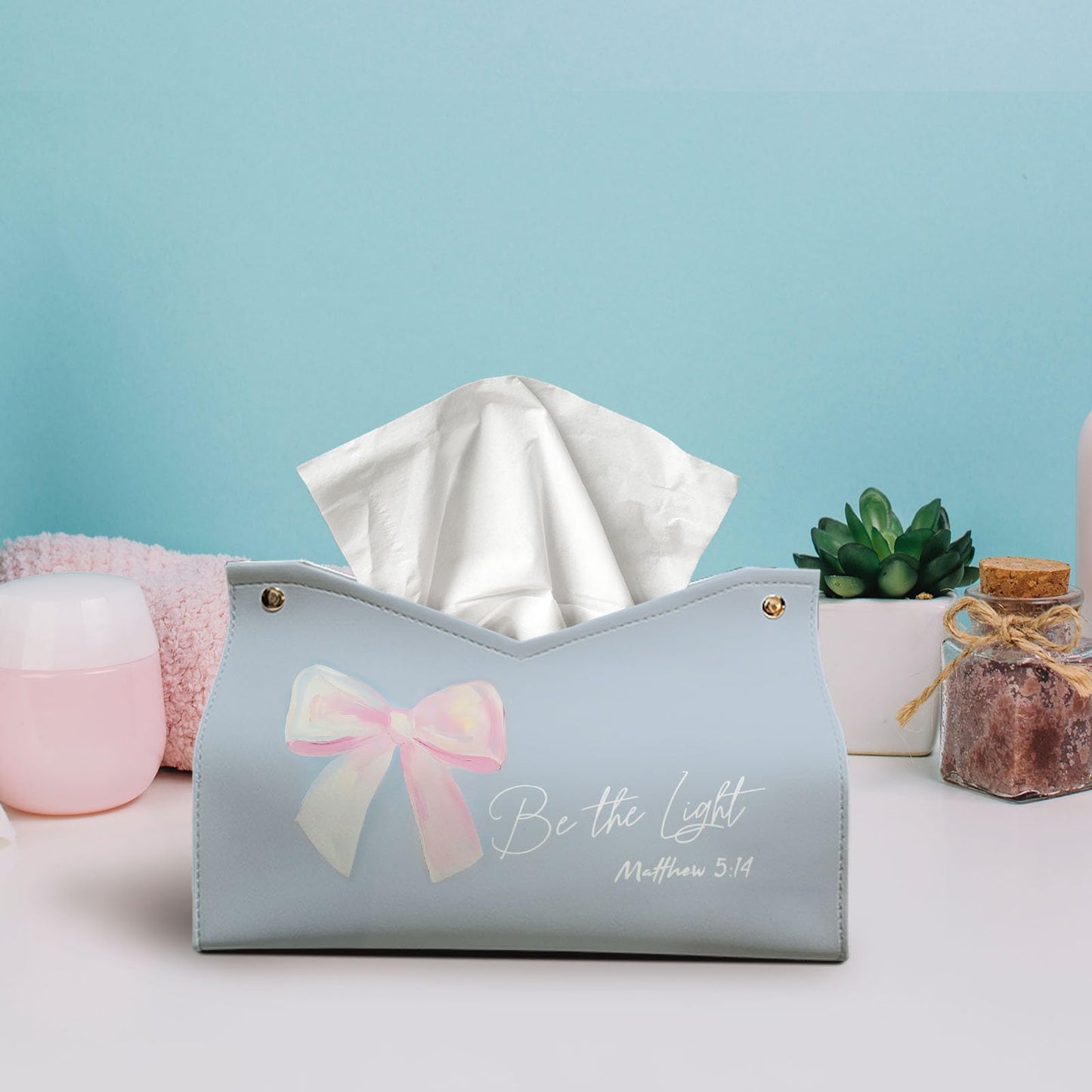 Blue Pink Bows Tissue Box Cover Rectangle, Christian Decorative Facial Tissues Boxes for Living Room Desk, Bible Be The Light PU Leather Tissue Holder for Bathroom Kitchen 9.8x5.9x5.9