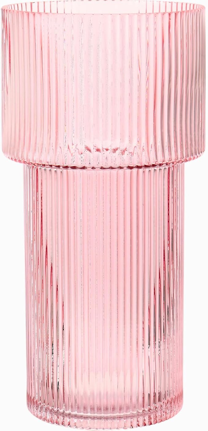Large Pink Glass Vase, 12 Inches Tall Fluted Vase for Flowers, Modern Torch-Shaped Flower Vase with Ribbed Texture for Living Room, Dining Table, Office, Entryway, Mantle, Shelf, Wedding Gifts