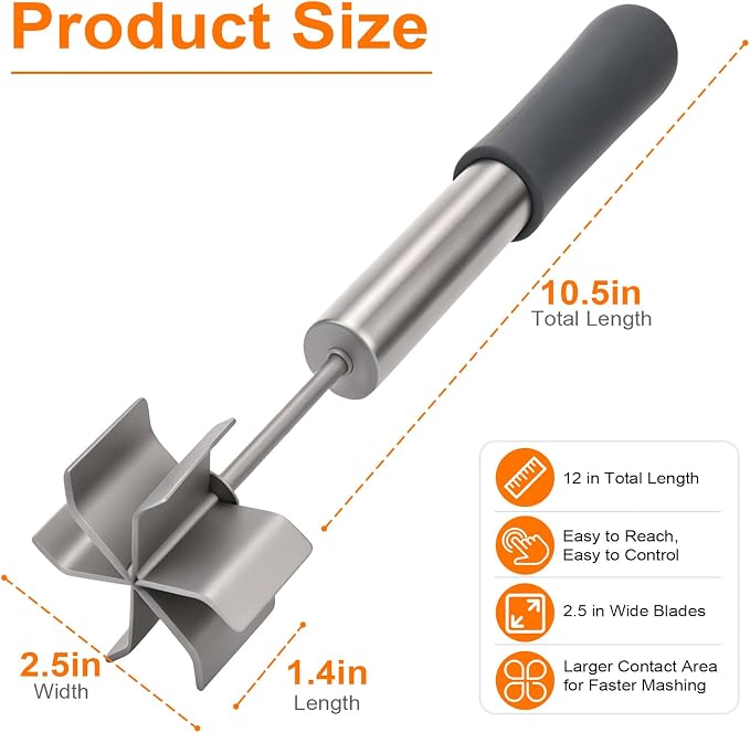 Palksky Stainless Steel Meat Chopper with 6 Wide Blades, Heavy Duty Ground Beef Masher & Meat Smasher Tool, Heat Resistant Silicone Handle Hamburger Smasher for Cast Iron & Metal Pans