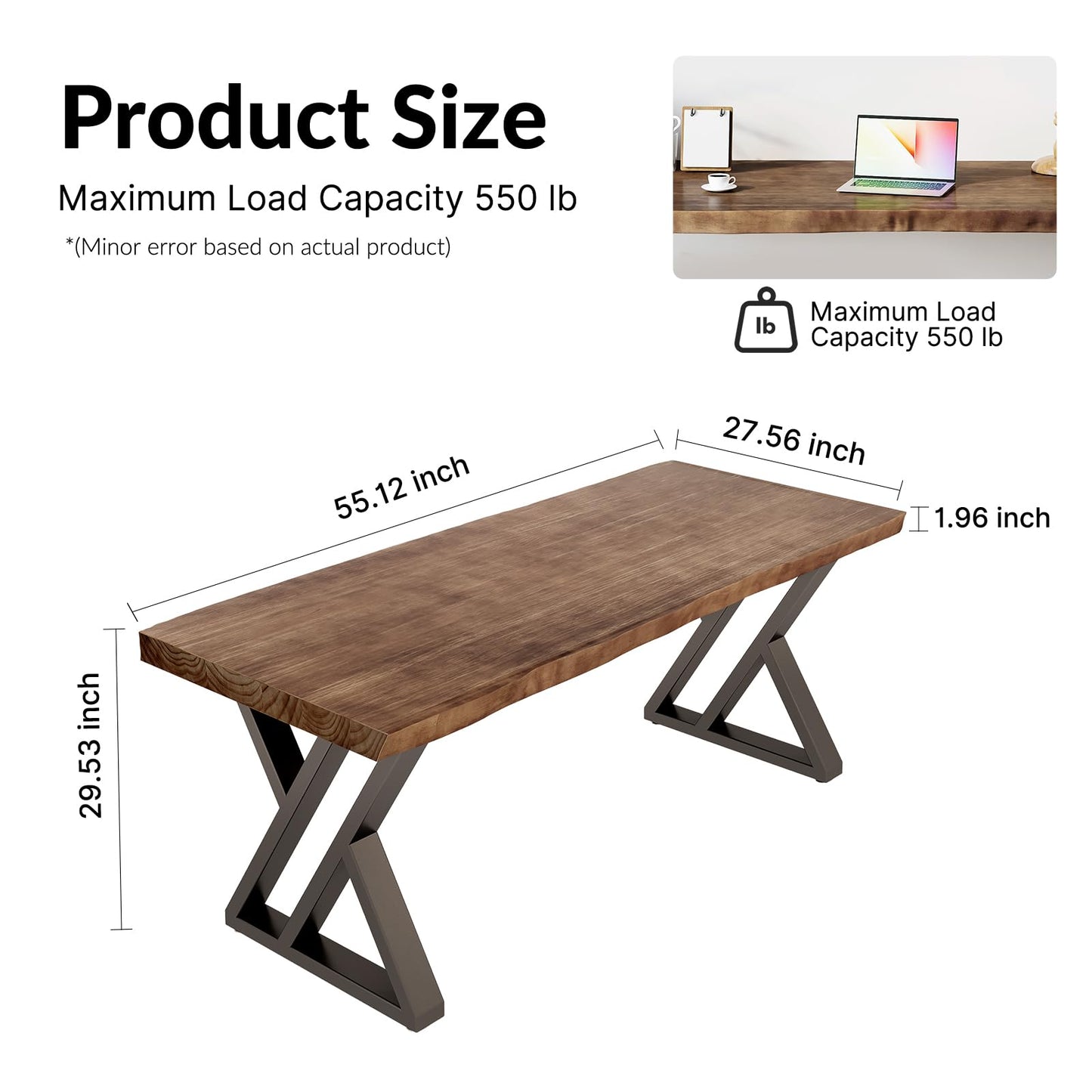 SXXjiaju Solid Wood Desk 55 inches, Home Office Computer Desk Wooden Rustic Writing Desk Metal Modern Simple Design Executive Real Wood Desk(Rustic Brown)