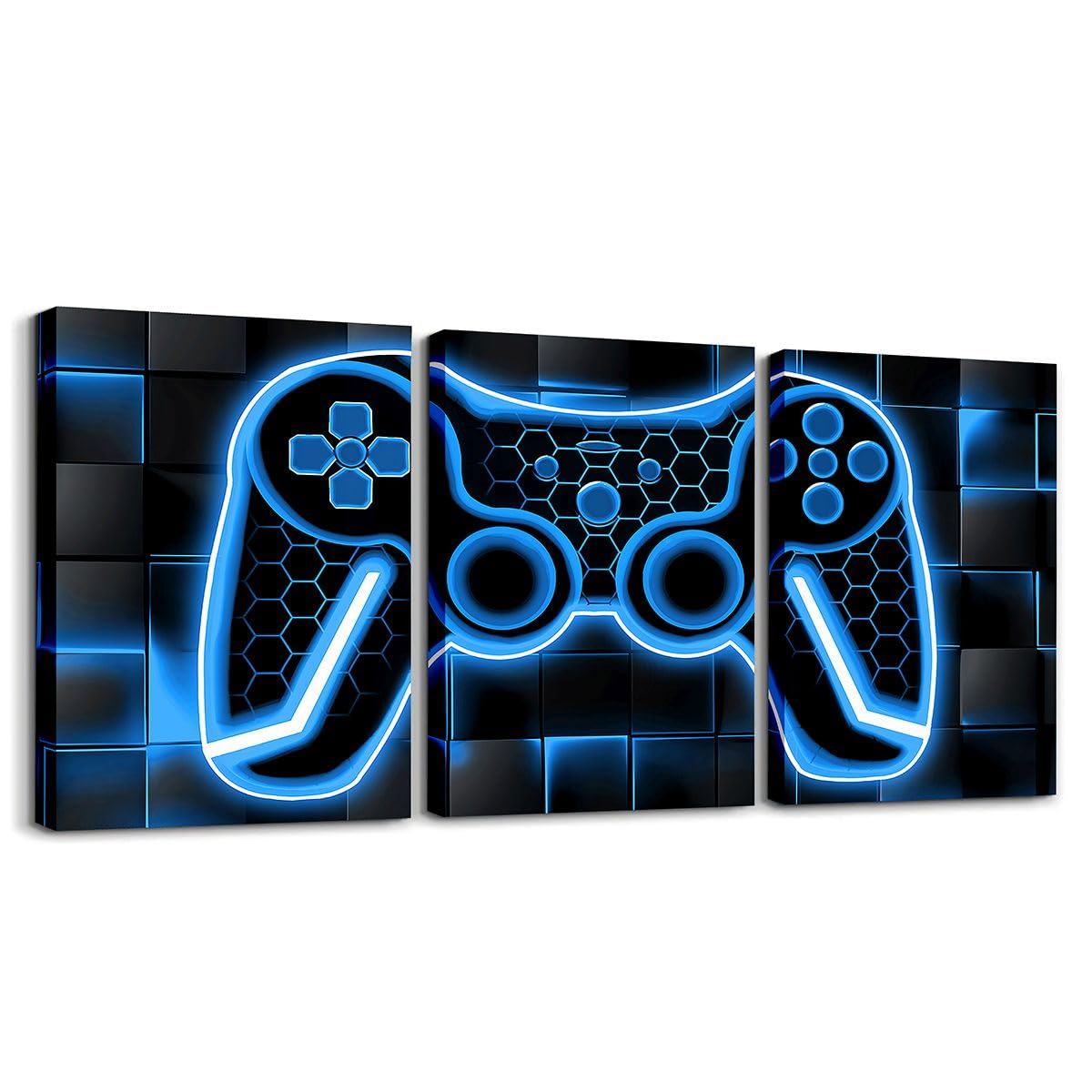 Feelyou Gamer Canvas Wall Art Gaming Bathroom Wall Art for Home Decor 12"x16" 3 Piece for Teens Bedroom Decor Lighting Honeycomb Office Wall Artwork Posters Blue and Black Geometric Wall Painting