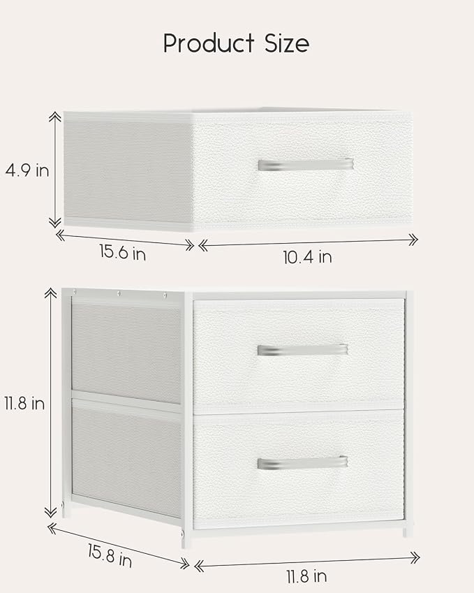 Homsorout Stackable Storage Drawers - 2 Tier Closet Organizer with Metal Handles and Metal Frame, Fabric Dresser with Collapsible Bins for Bedroom, Dorm, Office, White, 2 Pack