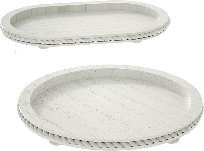 Urban Deco Wooden Tiered Tray, Oval and Round Tray Set of 2, Farmhouse Vintage Decorative Tray Stand for Coffee Table, White Serving Tray for Living Room Kitchen Home Decor - 1 Set