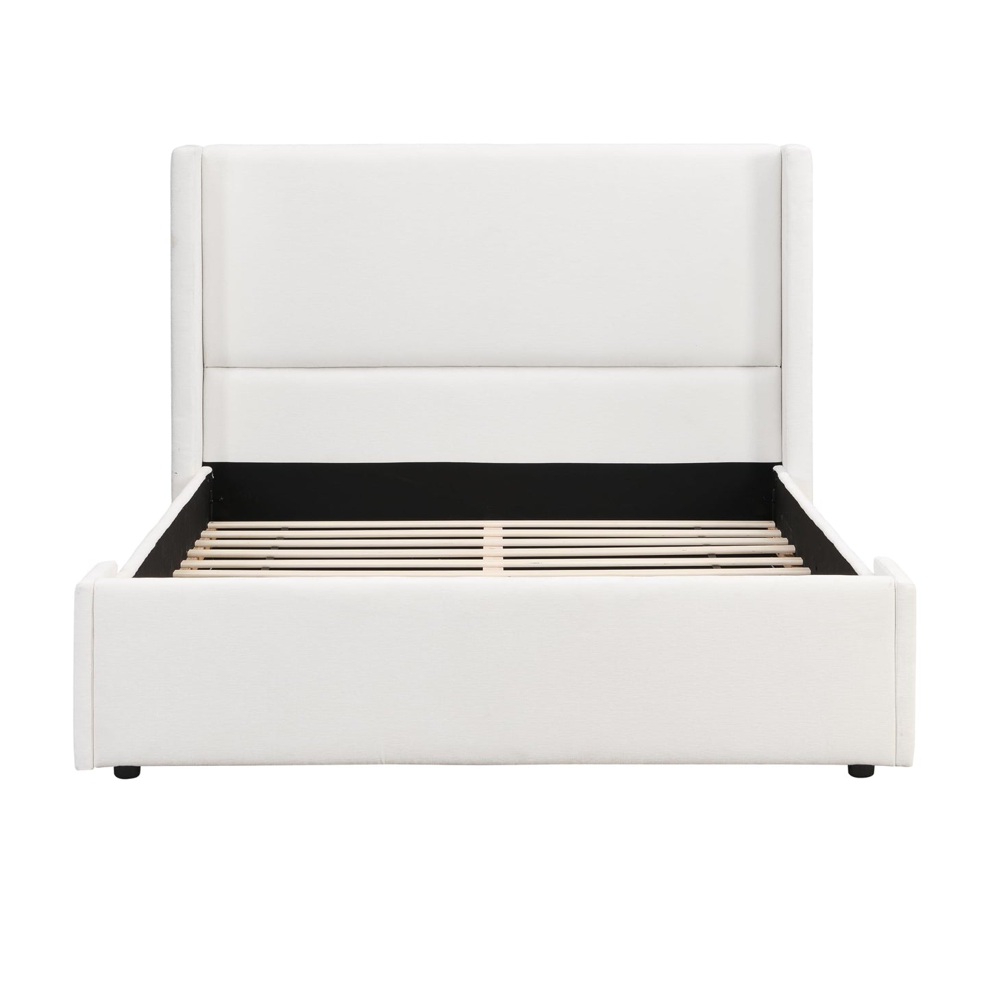 Merax Queen Size Bed Frame, Elegant White Upholstered Platform Bed with 41.1" Tall Wingback Headboard for Bedroom, Solid Wood Slats Support, No Box Spring Needed, Easy Assembly