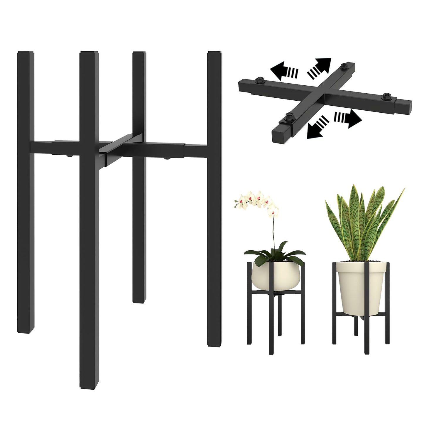 Rioneta Adjustable Plant Stand Indoor Outdoor, Metal Plant Stand 9 to 15 Inches, Mid Century Modern Floor Flower Pots Stand, Plant Holder for Home Garden Decor Load Bearing 160 LB Black