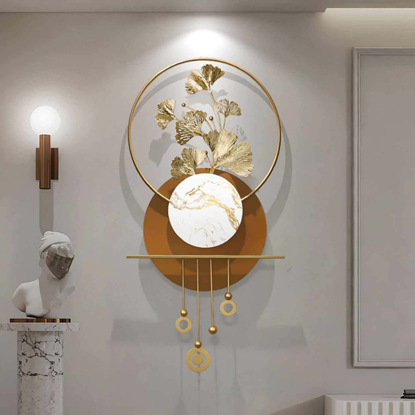BULUXE Metal Wall Decor – 46.5" Modern 3D Ginkgo Leaf Wall Art with Gold Finish & Marble Accent, Geometric Metal Wall Sculpture