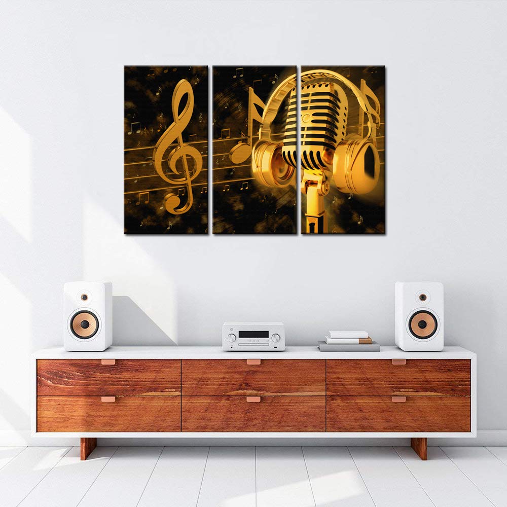 Biuteawal - Music Artistic Paintings Wall Art Gold Metal Microphone and Headset Note Picture Canvas Giclee Print Modern Home Studio Decor Stretched and Framed Ready to Hang