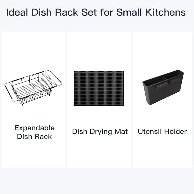 MAJALiS Dish Drying Rack Over The Sink with Utensil Holder, Mat | Expandable Stainless Steel Dish Drainer for Small Kitchen, Apartment, RV, Counter Space Saving, Perfect Fit, Rustproof