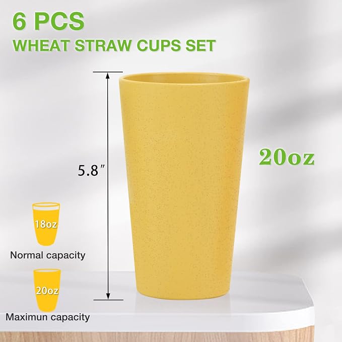 Mfacoy Wheat Straw Cups Set of 6, 20 oz Unbreakable Reusable Stackable Tumbler Water Cup Set for Kitchen, BPA Free, Dishwasher & Microwave Safe, Cups with 6 Colors