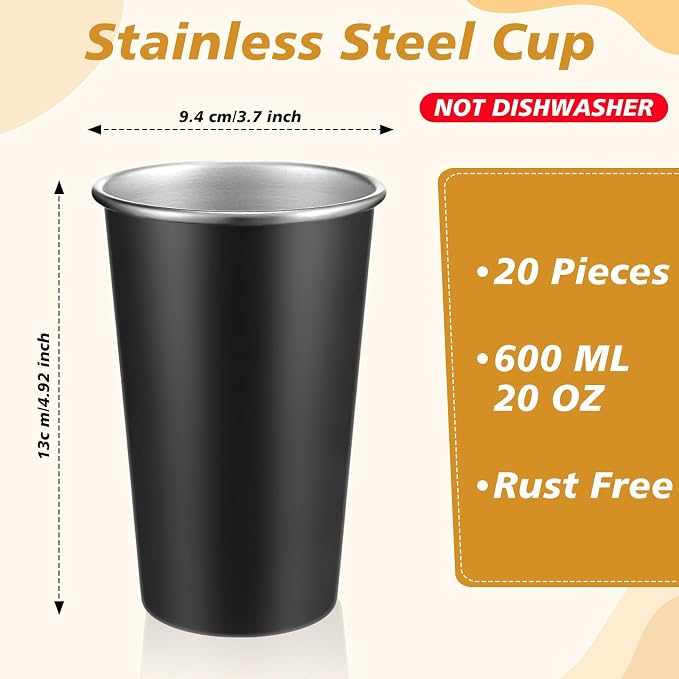 Mimorou 20 Pack 20 oz Stainless Steel Pint Cups Metal Cups Unbreakable Drinking Water Tumblers Stackable Tumbler for Adults Bar Home Restaurant Travel Picnic Camping Outdoor (Black)