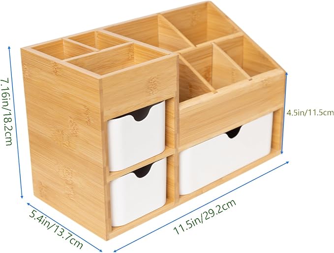 Bamboo Makeup Organizer with 3 Drawers, Dresser Cosmetic Organizer Box,Bamboo Desk Organizer for Home with Adjustable Dividers（11.5x5.4in）