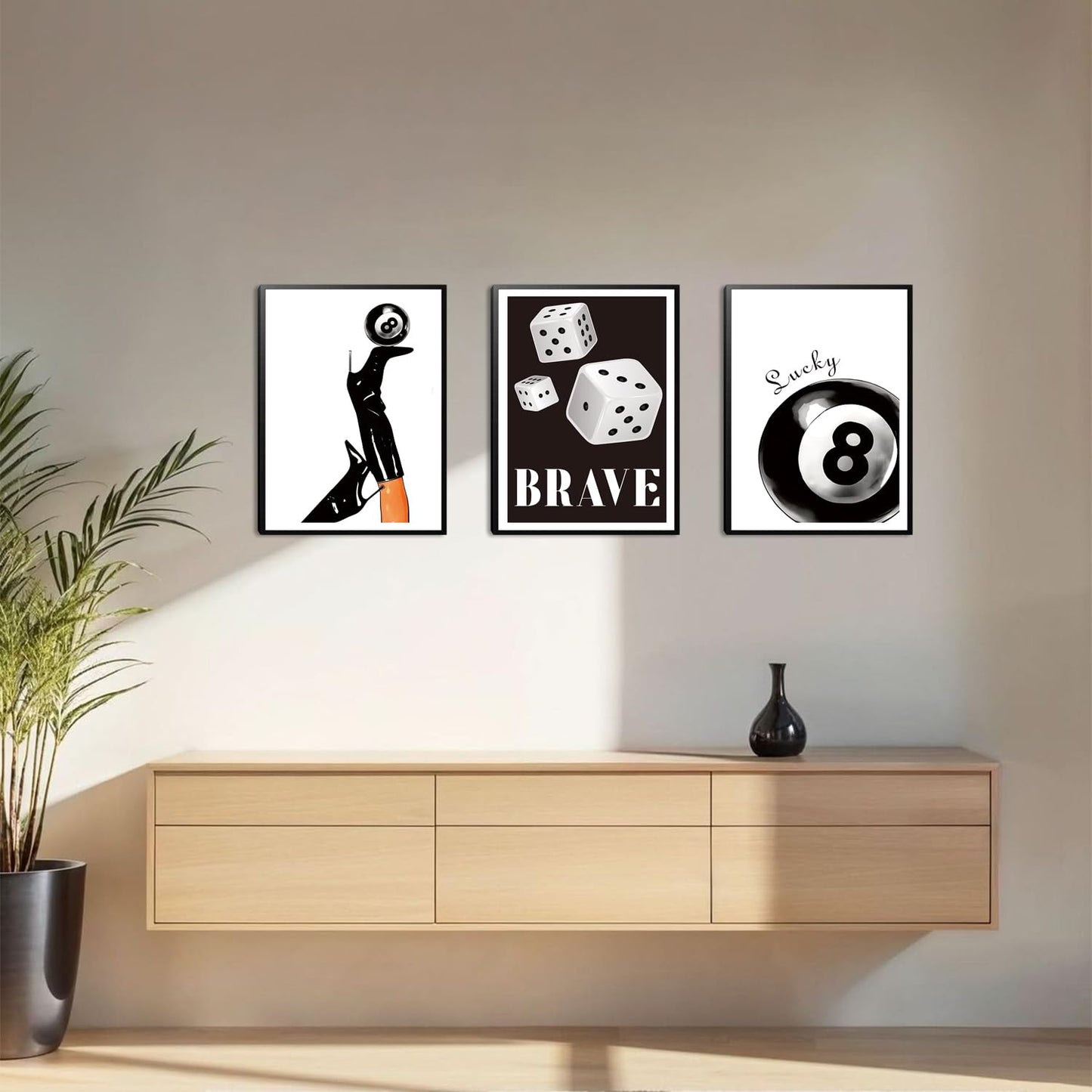 Framed Black And White Dice Wall Art Set of 3, Funky Retro Y2K Trendy Preppy, Lucky 8 Ball Coquette Boots Poster Canvas Prints for Game Room Bedroom Dorm Home Decor 16x12 Inch