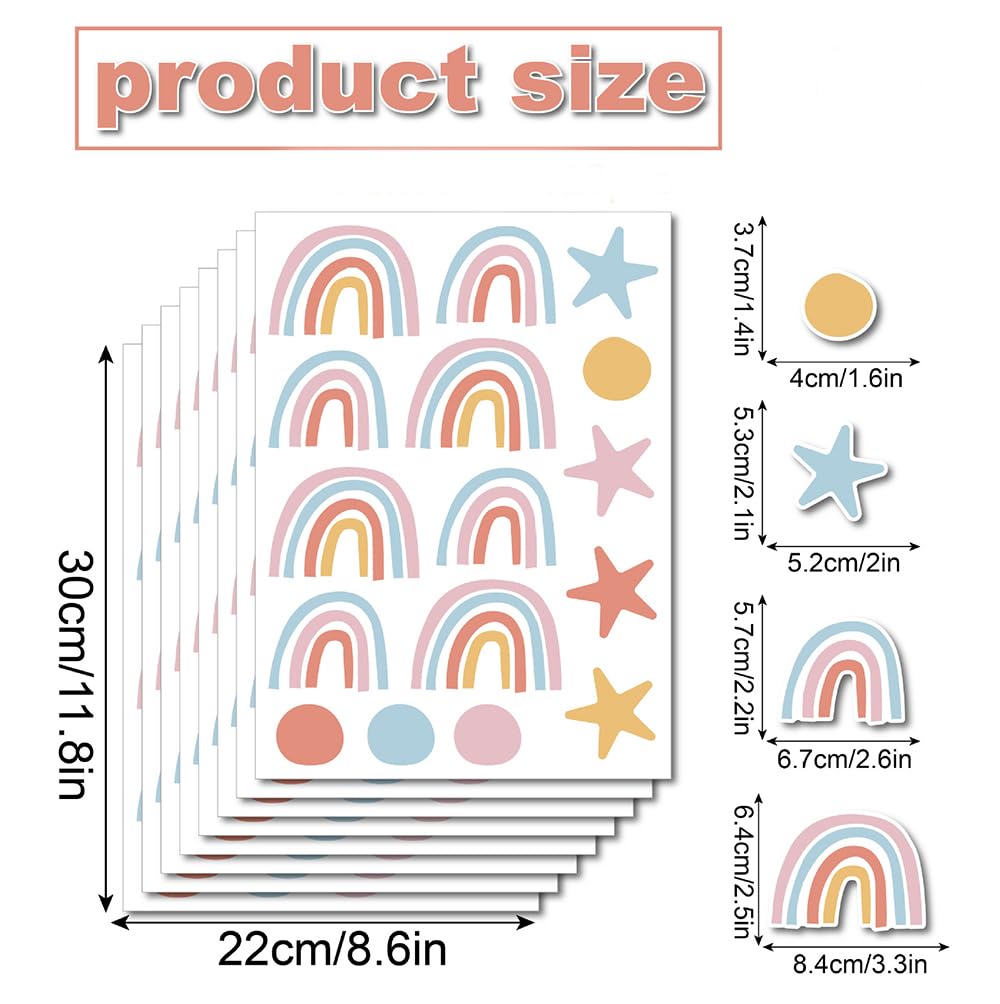 Rainbow, Stars & Dots Wall Decals for Kids Room – 160 PCS Pastel Boho Peel & Stick Waterproof Vinyl Wall Decor Stickers, 10 Sheets Removable Nursery, Bedroom & Playroom Decor(Style A)