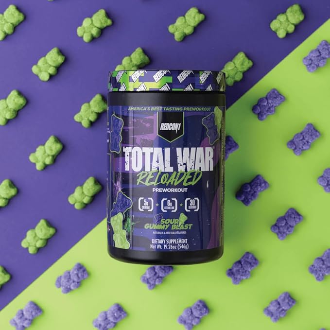 REDCON1 Total War Reloaded Pre Workout, Sour Gummy Bear - Creatine, Beta Alanine + L-Citrulline Malate Keto Friendly for Men & Women with 350mg of Caffeine - Fast Acting (30 Servings)