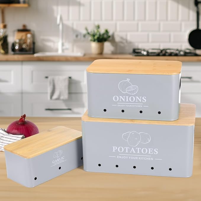 Kitchen Vegetable Storage Set of 3, Metal Onion Garlic Potato Storage Set, Kitchen Canisters Vegetable Keeper Containers with Aerating Holes and Bamboo Lid,Grey