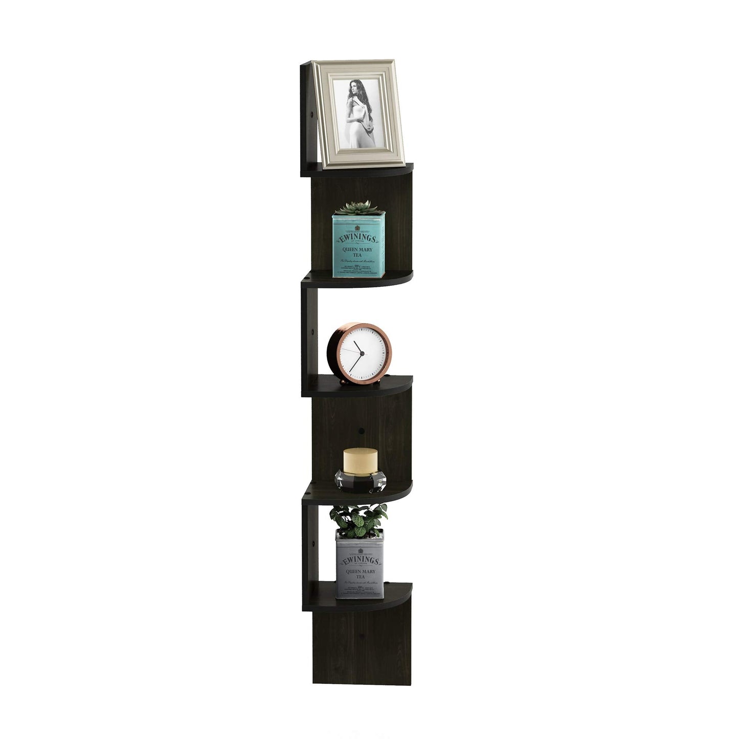 Furinno ROSSI Floating Book Shelves for Wall, 5-Tier Zigzag Corner Shelf Wall Mounted, Radial Corner Floating Shelf, for Living Room, Bedroom, Bathroom, Home Office, Espresso
