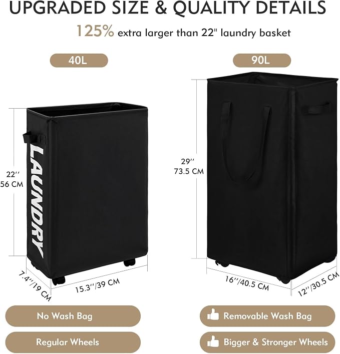 DOKEHOM 90L X-Large Laundry Basket with Removable Wash Bag on Wheels, Collapsible Rolling Laundry Hamper, Foldable Clothes Organizer, Folding Washing Bin (Black)