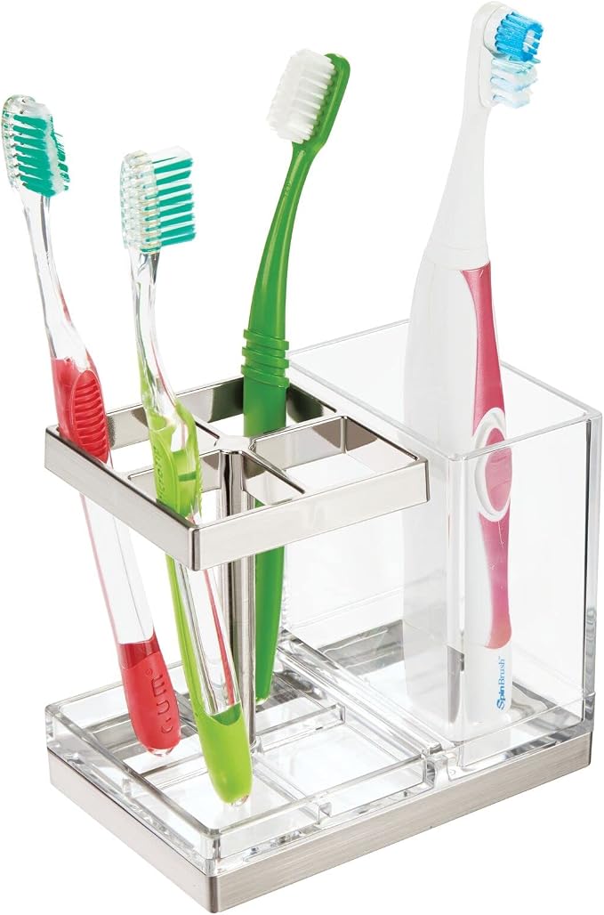 mDesign Plastic Toothbrush and Toothpaste Storage Organizer Holder - Home Decor for Bathroom Countertop - Holds Toiletries and Beauty Accessories - Lumiere Collection - Clear/Brushed