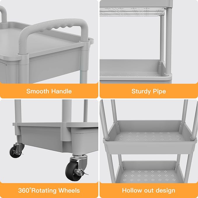 4 Tier Rolling Utility Cart with Drawer,REBECAT Utility Cart Made of Multifunctional Storage Organizer Tool for Kitchen,Bathroom,Living Room,Office(Gray)
