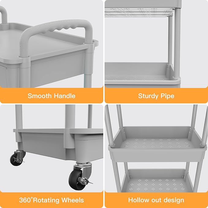 5 Tier Rolling Utility Cart with Drawer,REBECAT Utility Cart Made of Multifunctional Storage Organizer Tool for Kitchen,Bathroom,Living Room,Office(Gray)