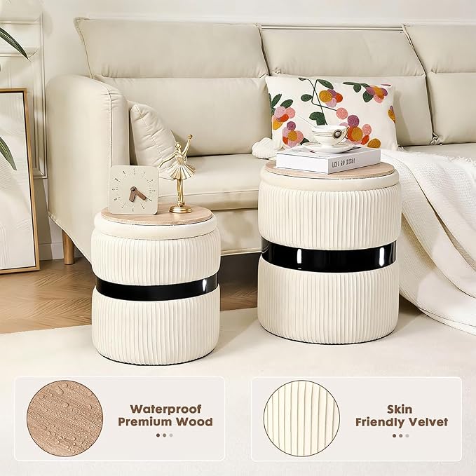 Velvet Round Ottoman Set of 2 with Storage, 12 Gallon Hidden Storage Ottoman, Multi-Functional Footrest Stool, Vanity Seat, Coffee Table, No Assembly Required, Holds 300lbs, (White)