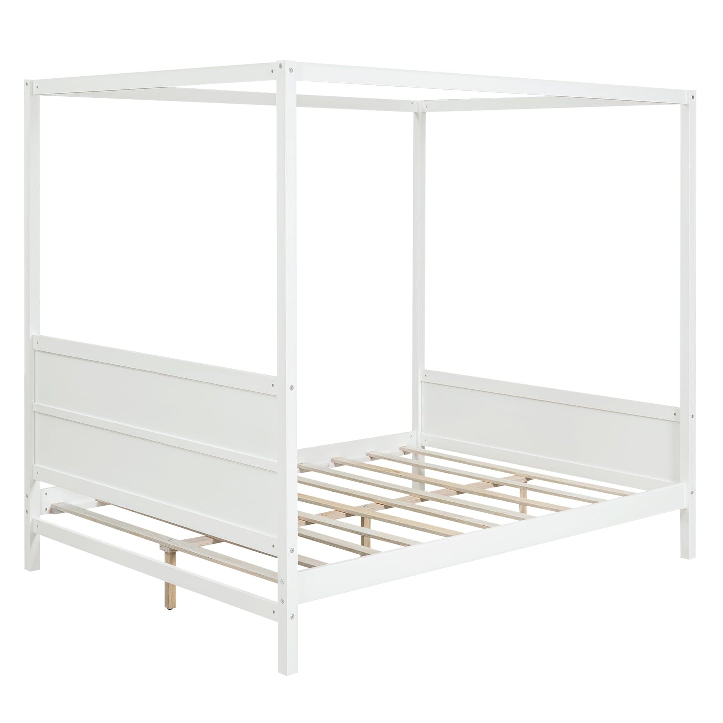 GDFStudio Queen Size Canopy Bed Frame, Wood Platform Canopy Bed Queen with Headboard and Footboard, Four Poster Canopy Bed Frame with Slat Support, No Box Spring Needed, Easy Assembly, White