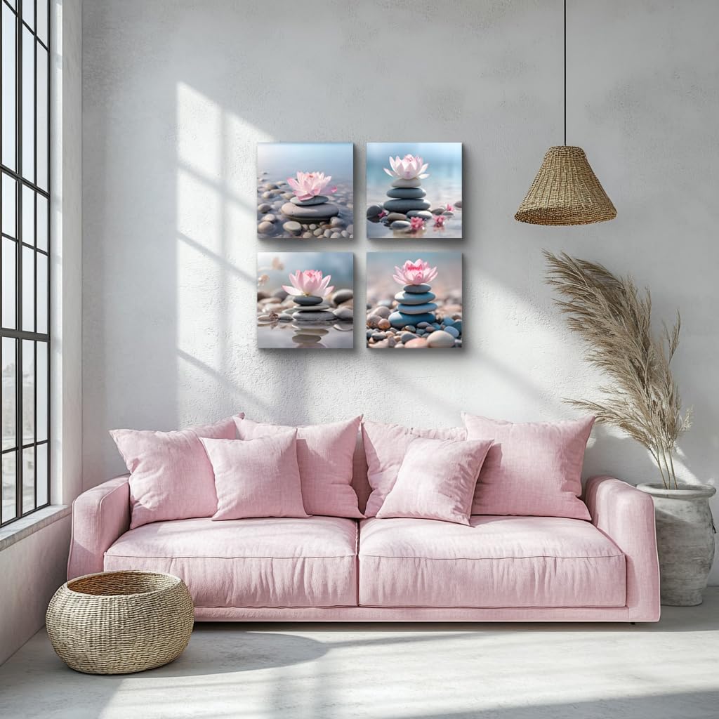 NAN Wind 4PCS Mordern Zen High-Definition Canvas Print Pink Lotus Stacked Zen Stones Spa Wall Art Easy-to-Hang Wall Art for Serene Home Deco Meditation Rooms Yoga Studios and Zen Enthusiasts