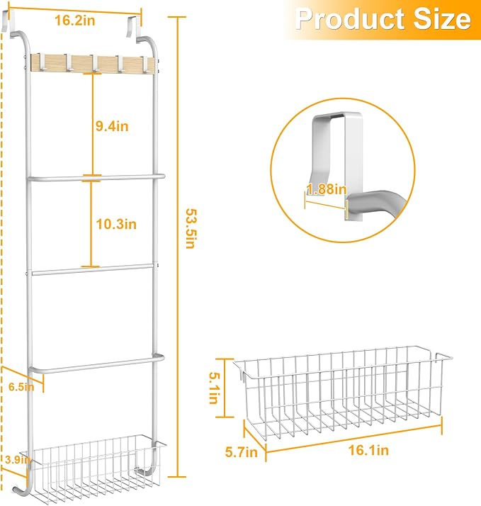 Over The Door Towel Rack,5-Tier Over Door Towel Racks for Bathroom,Towel Rack with Hooks and Basket Door Hanging,Blanket Ladder for Living Room White