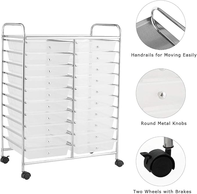 Giantex Storage Drawer Carts, 20-Drawer Organizer, Utility Cart on Wheels, Semi-Transparent Multipurpose Cart for Home Office School Supplies Tools Scrapbook Paper