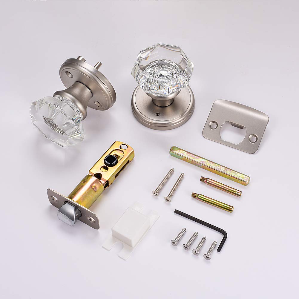 CLCTK Crystal Glass Door Knobs Interior, Modern Bathroom Bedroom Door Knobs with Lock Privacy Function, Satin Nickel
