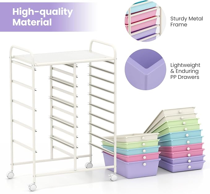 Giantex 15 Drawer Rolling Cart with Drawers, Storage Organizer Cart for Classroom Office School Teacher, Mobile Drawer Cart for Tools, Crafts, Small Printer, Paper, Pastel Ice Cream
