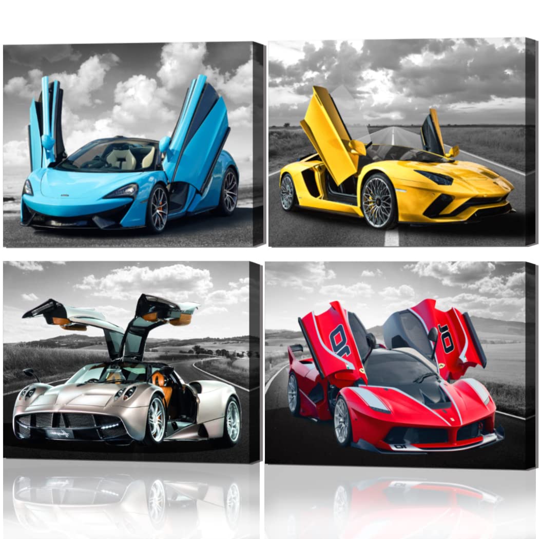 Car Posters Wall Art for Office, Living Room Bedroom Boys Room Décor Sports Wall Art Large Car Art Framed Canvas Print Art Man Cave Decoration Black and White Car Pictures 20"x16", 4pieces