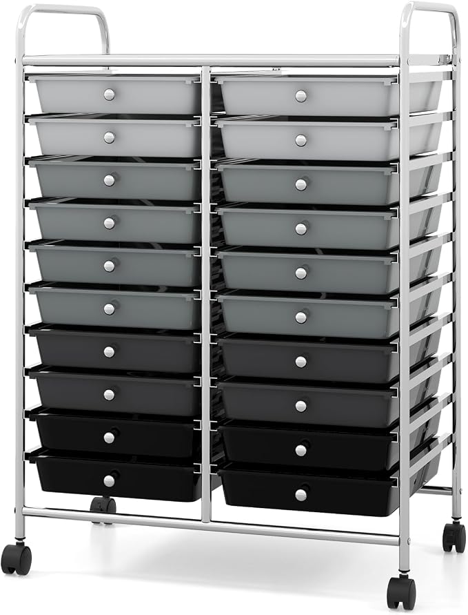 COSTWAY 20-Drawer Rolling Storage Cart, Utility Storage Organizer Cart for Tools, Scrapbook, Paper, Craft, Multipurpose Storage Trolley on Wheels for Home Office School, Mixed Black