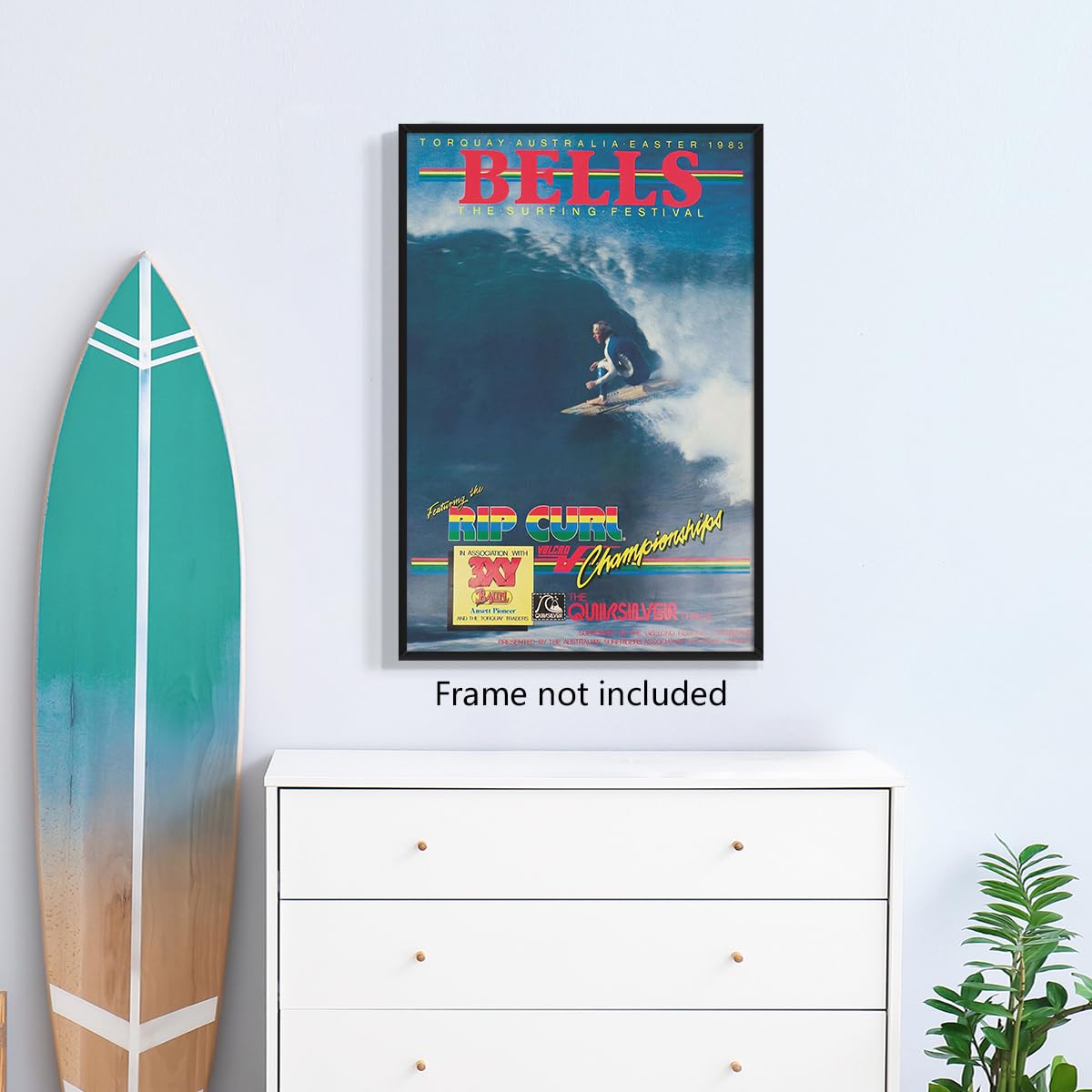Beachy Surf Up Canvas Wall Art, 1983 Torquay Australia Easter Poster, Rip Curl Bell'S Surfing Competition Print, BELLS Summer Surfer Sports Magazine Cover Painting for Bedroom 8x12in Unframed