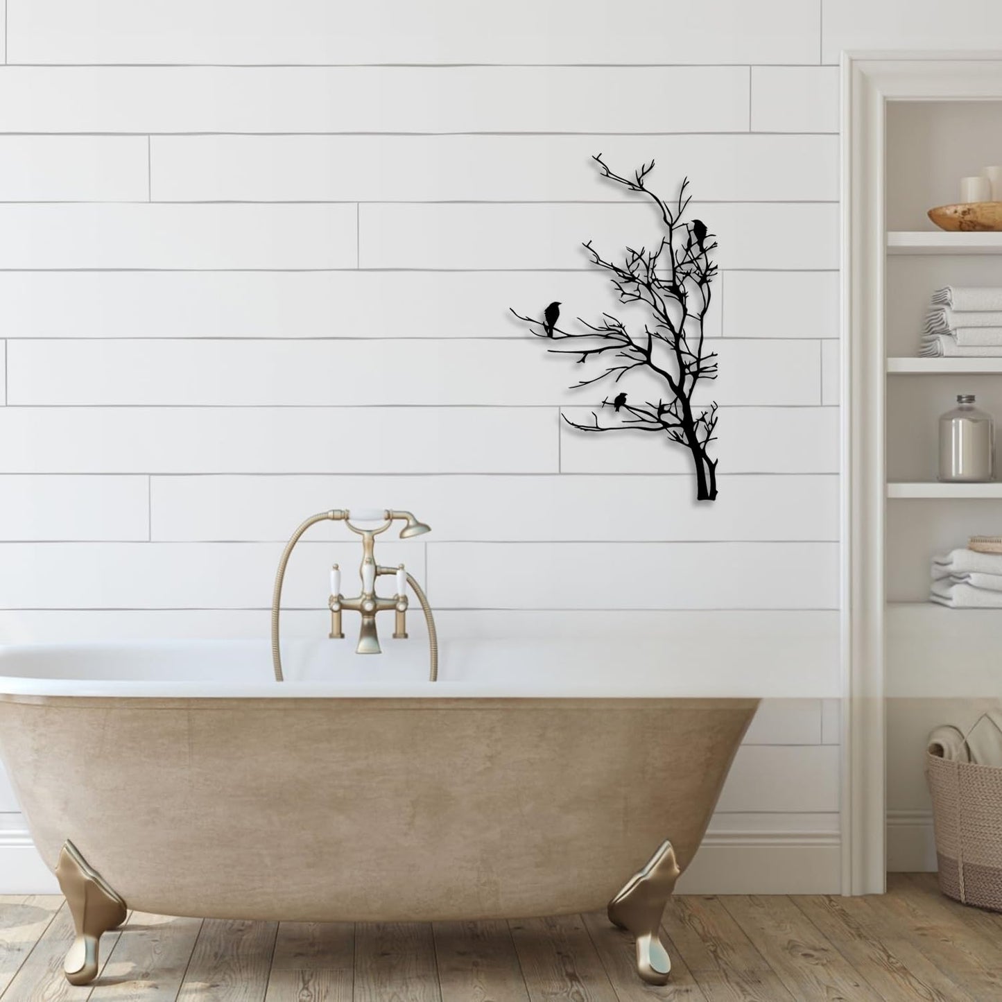LIYOUYA Bird on a Branch Metal Wall Decor - Rustic Farmhouse Room Decor Simple Black Wall Art Home Decor for Living Room, Bathroom, Bedroom, Dining Room, Garden, Courtyard (Black)