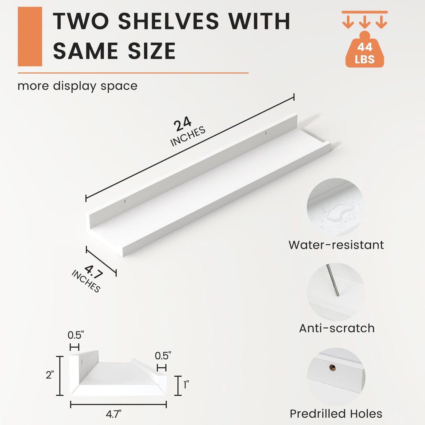 FLYJOE Picture Ledge Shelf, Floating Shelves Set of 2, 24 Inches Nursery Book Shelves for Toys Storage, Kids Bookshelf Wall Mounted for Living Room Bedroom Decor Books Photo Frames, White