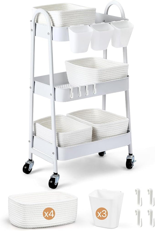 3-Tier Rolling Utility Cart with 4 Woven Baskets, Diaper Book Snack Cart, Storage Organizer for Nursery, Kitchen, Craft Room, Home SPA, Living Room, Metal Frame Trolley on Lockable Wheels, White
