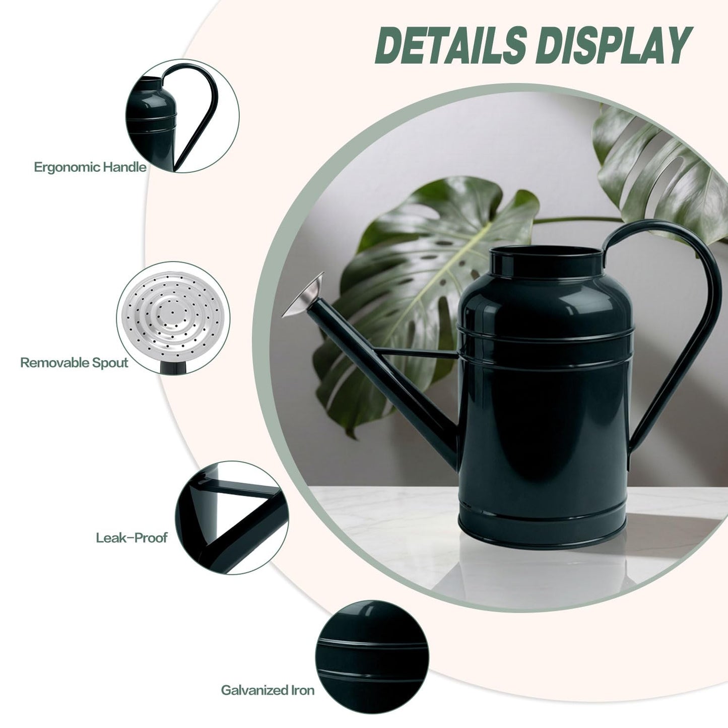 LONGRUN 2.3 Gallon Dark Green Metal Watering Can for Plants and Garden with Removable Spout, Made of Galvanized Iron