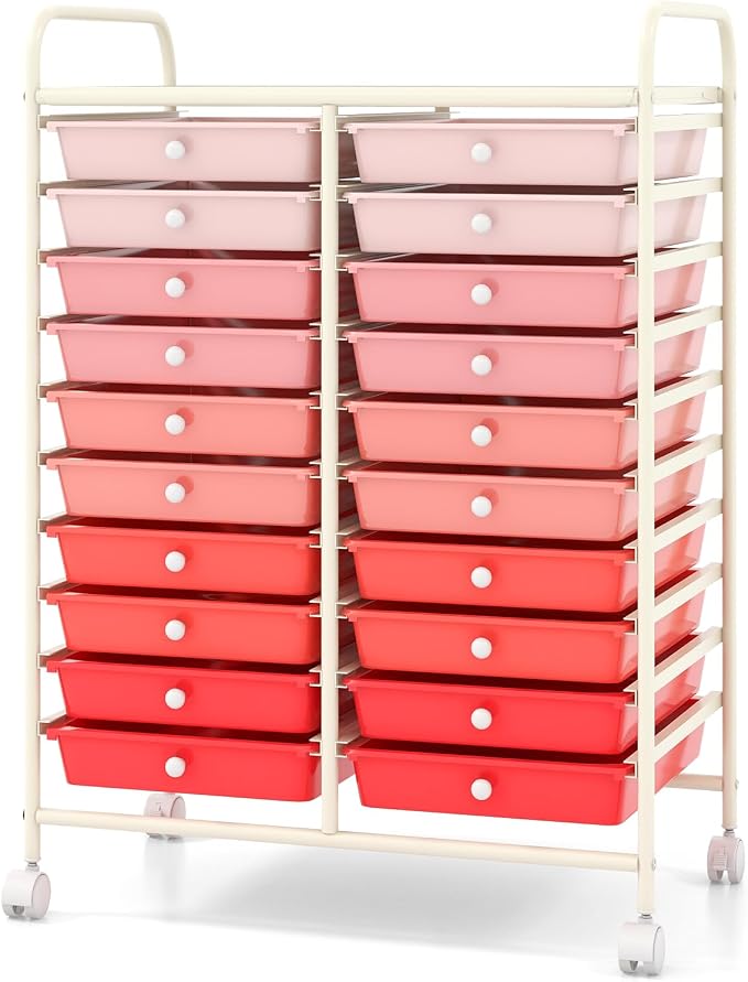 COSTWAY 20-Drawer Rolling Storage Cart, Utility Storage Organizer Cart for Tools, Scrapbook, Paper, Craft, Multipurpose Storage Trolley on Wheels for Home Office School, Mixed Pink