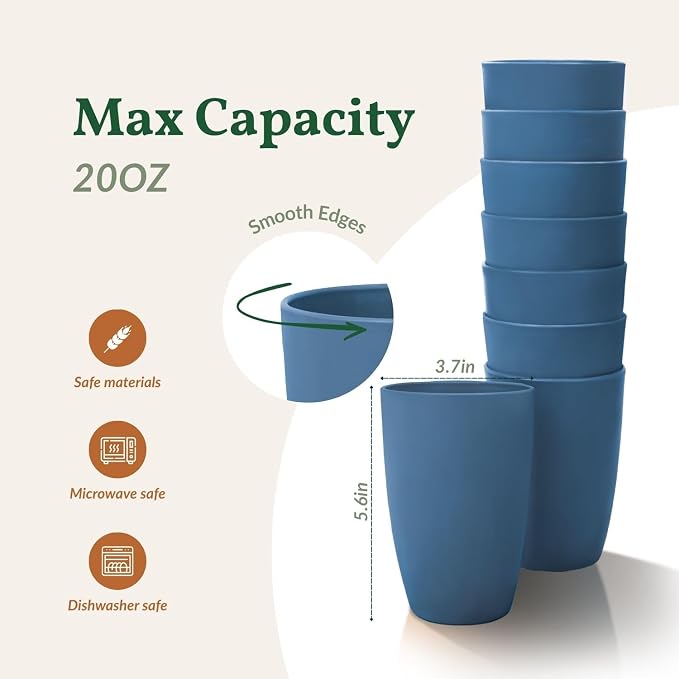 Homienly Wheat Straw Cups, 8 PCS Reusable Drinking Cups, 20 oz, Navy Blue, BPA Free, Dishwasher Safe, Microwave Safe, Premium, Durable, Unbreakable, Recyclable