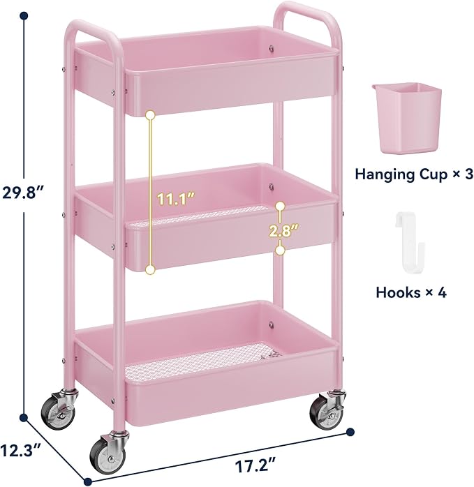 YASONIC 3-Tier Metal Rolling Cart, Heavy Duty Utility Cart with Lockable Wheels, Hanging Cups, Hooks, Mesh Rolling Storage Cart Craft Organizer, Lightweight and Sturdy, Pink