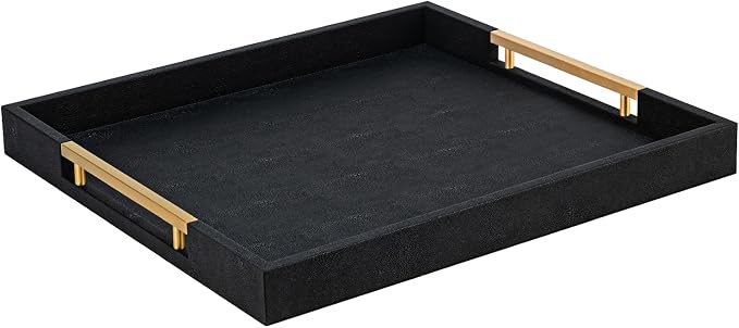 Black Faux Leather Decorative Serving Tray with Handles – Large Square for Coffee Table, Ottoman, Living Room & Bathroom Home Decor