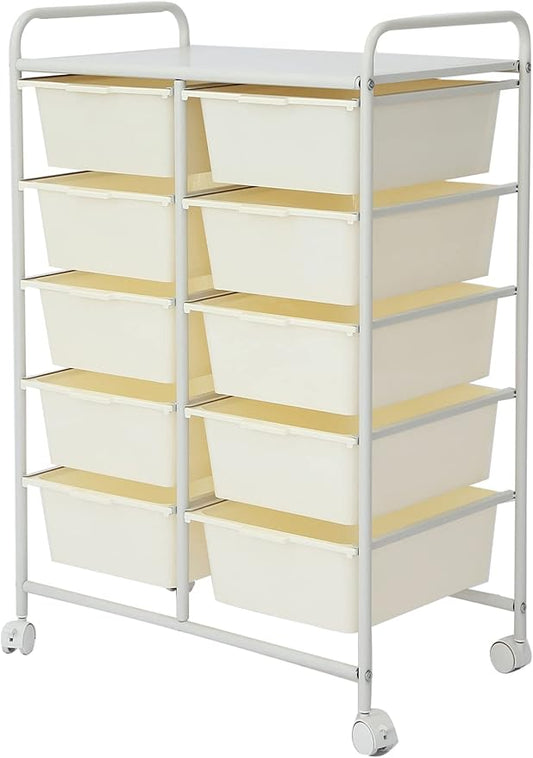 Ytaoka Rolling Cart with 10 Drawers, Plastic Drawer Cart with Metal Frame, Multipurpose Art Craft Cart Organizer with Wheels, Utility Cart with Drawers for Home, Office, School, White