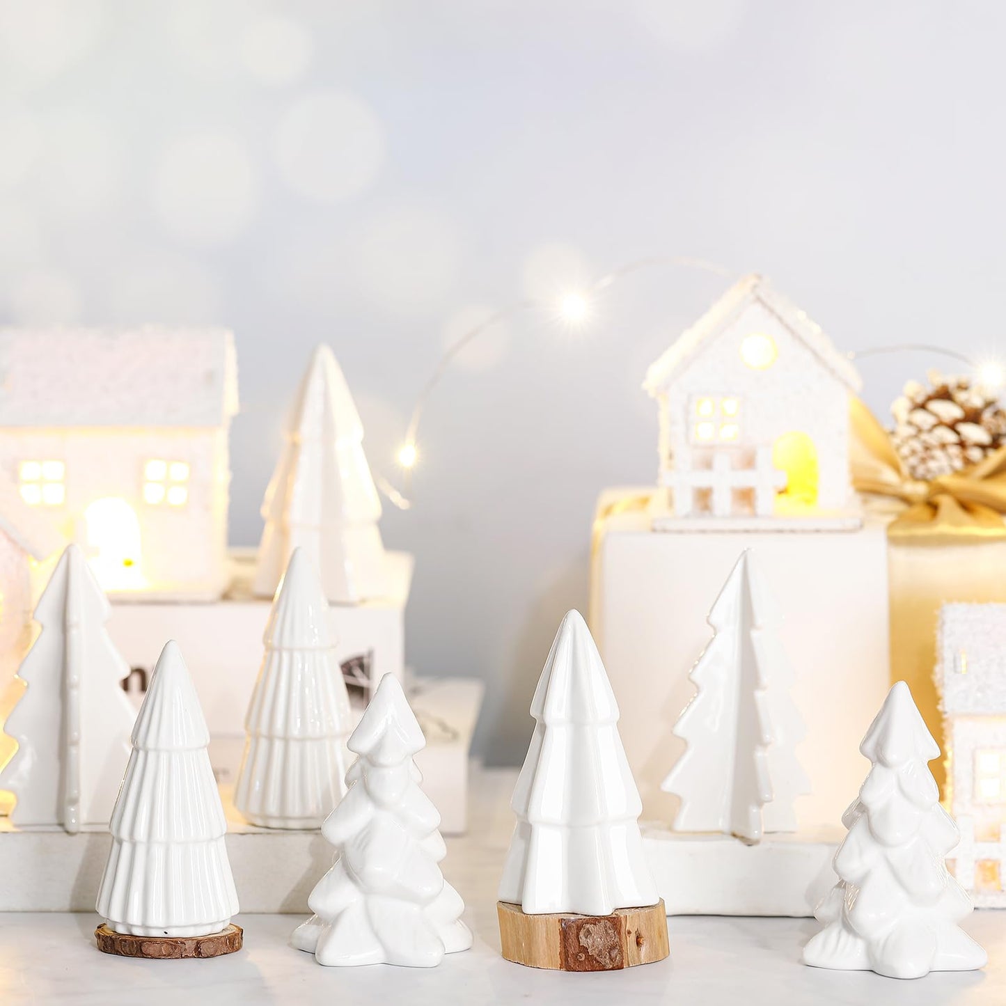 Nuenen 8 Pcs Ceramic Christmas Tree Porcelain Christmas Tree Winter Christmas Trees Mini Stoneware Trees for Mantle Vintage Table Shelf Living Room Bedroom Cabinets Office Desktop(Classic)