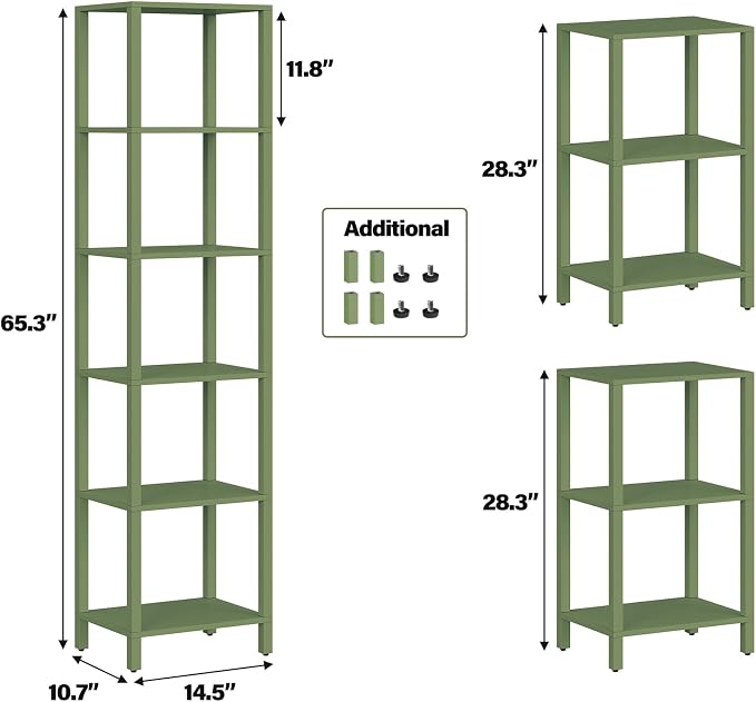 TUTOTAK Bookshelf, 6-Tier Tall Book Shelf, Narrow Bookcase for Small Space, DIY Stackable Bookshelf, for Living Room, Office, Study, Entryway, Industrial, Olive Green BS01BOG006