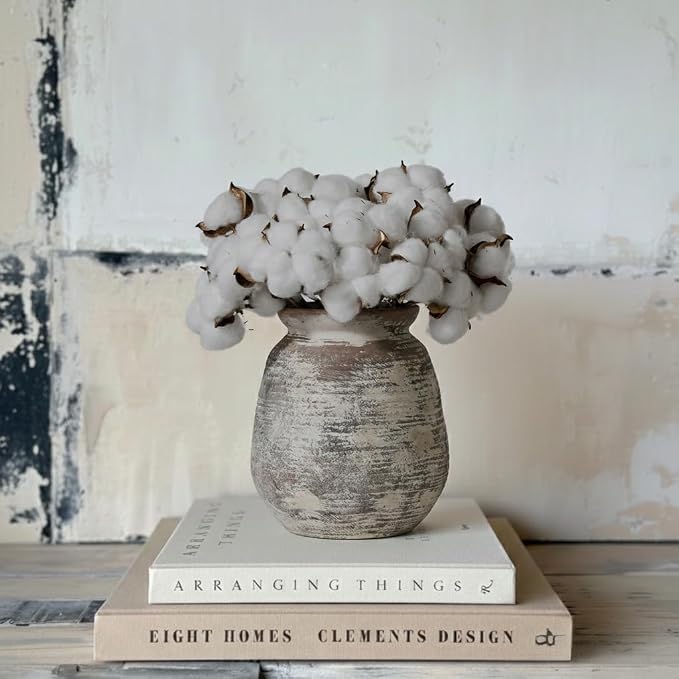 SIDUCAL Ceramic Rustic Vase, Whitewashed Terra Cotta Vase, Distressed Farmhouse Décor, Pottery Decorative Flower for Home Decor, Table, Living Room Decor, Shelf, Mantel, 7.3 Inch, Fired Terra Clay