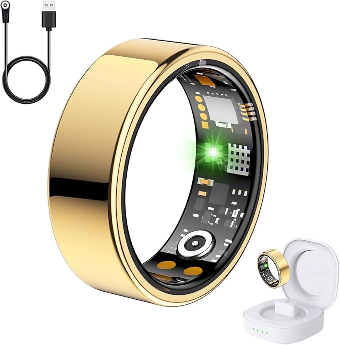Health Tracker Ring, Smart Health Ring for Women Men with Heart Rate, Blood Oxygen, Sleep Monitor, Steps,Calories, No Subscription Fee, IP68 Waterproof Smart Ring for iPhone & Android (Gold, 11#)