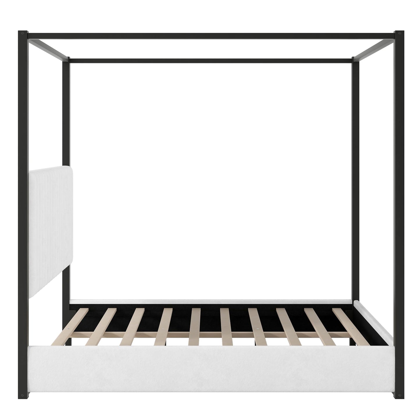 LUMISOL Queen Size Metal Canopy Bed Frame, Black 4 Poster Bed with Tall Upholstered Headboard, Upholstered Low Profile Canopy Platform Bed with Slats Support, No Box Spring Needed, Black + White