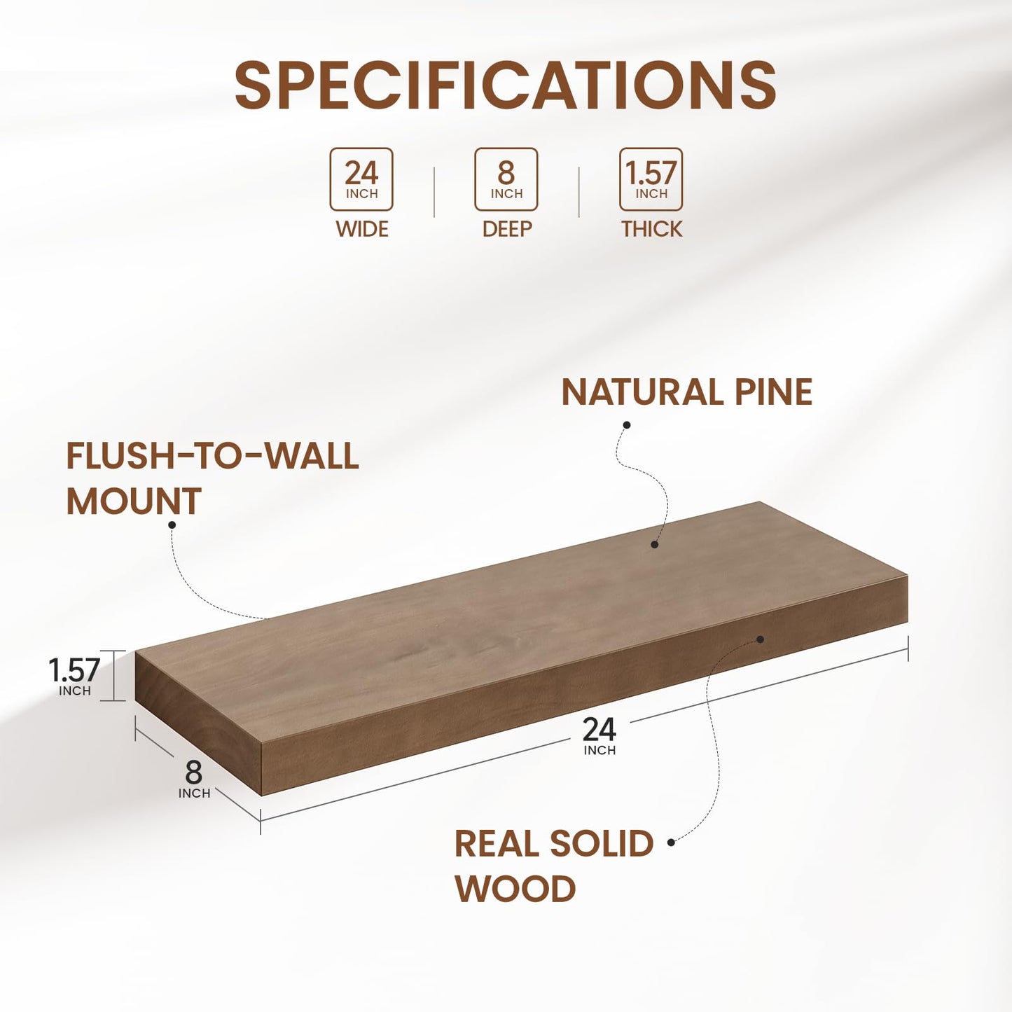 Heimlove Solid Wood Floating Shelves 24 inch, 8 Inch Deep Display Shelves Set of 2, Wall Mounted Floating Shelf with Invisible Brackets for Bathroom Bedroom Kitchen Living Room - American Walnut